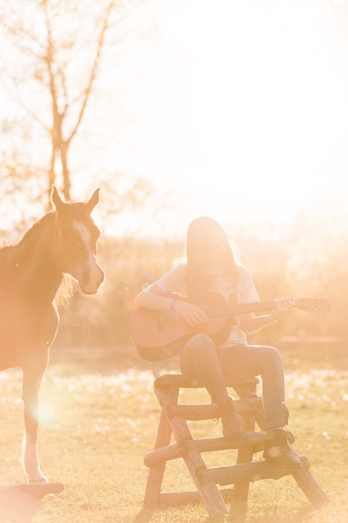 dievča s gitarou pri hnedom koňovi na farme pri západe slnka